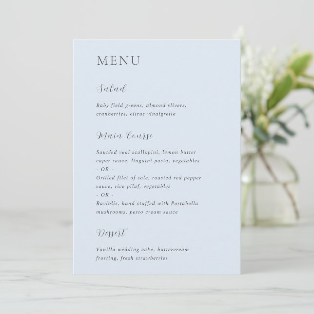 Stylish Powder Blue Modern Wedding Menu (Standing Front)