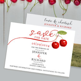 Stylish Pretty Cherry Red White Wedding Photo Typo Save The Date