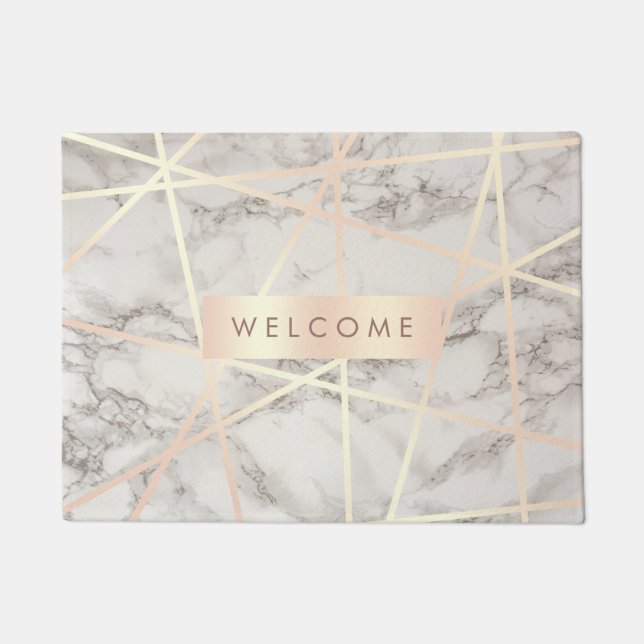 Stylish pretty chick rose gold & white marble doormat (Front)