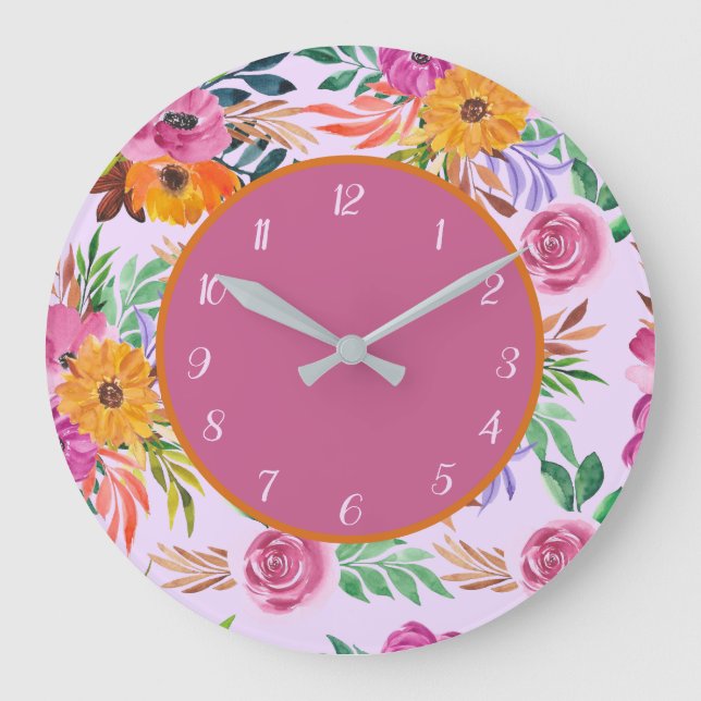 Stylish Pretty Floral Pink Orange Yellow Flower  Large Clock (Front)