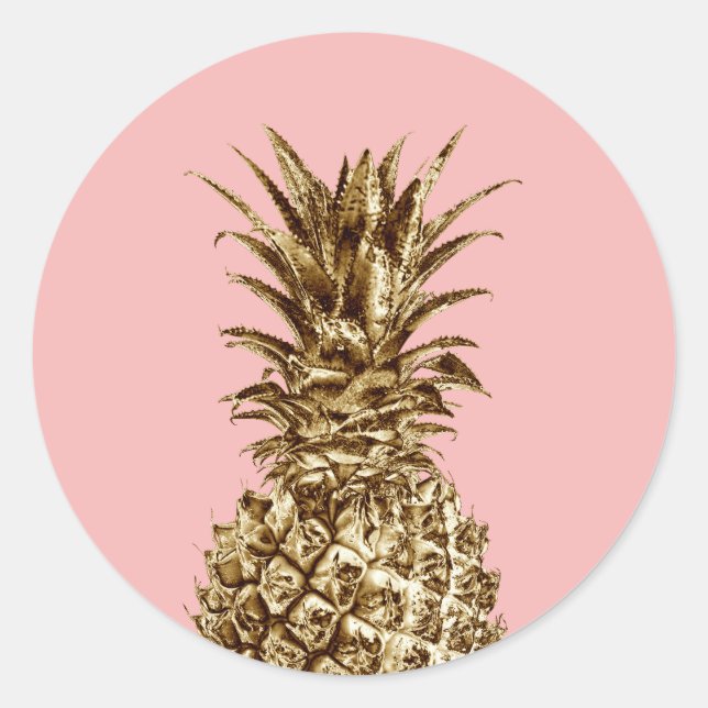 Stylish pretty girly gold & pastel pink pineapple classic round sticker (Front)
