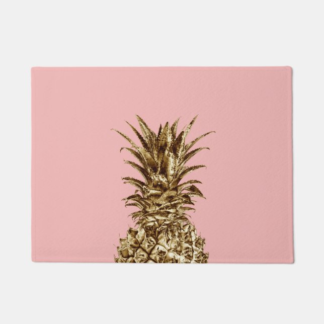 Stylish pretty girly gold & pastel pink pineapple doormat (Front)