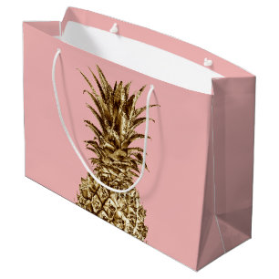 Stylish pretty girly gold & pastel pink pineapple large gift bag