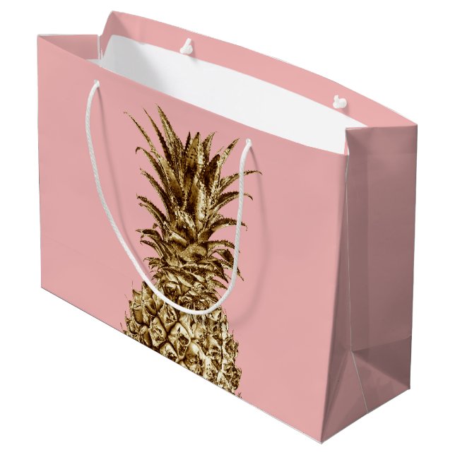 Stylish pretty girly gold & pastel pink pineapple large gift bag (Back Angled)