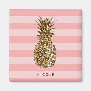 Stylish pretty girly gold pineapple & pink stripe magnet