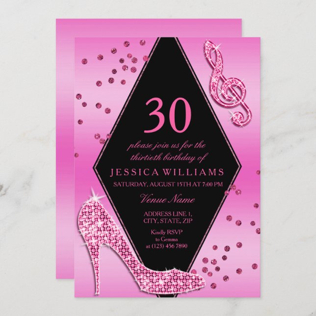 Stylish Pretty Glitzy Pink 30th Birthday Invitation (Front/Back)