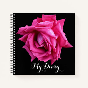 Stylish pretty hot pink rose flower black trendy notebook