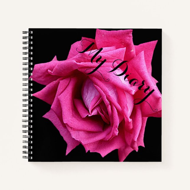 Stylish pretty pink rose flower black trendy boho  notebook (Front)