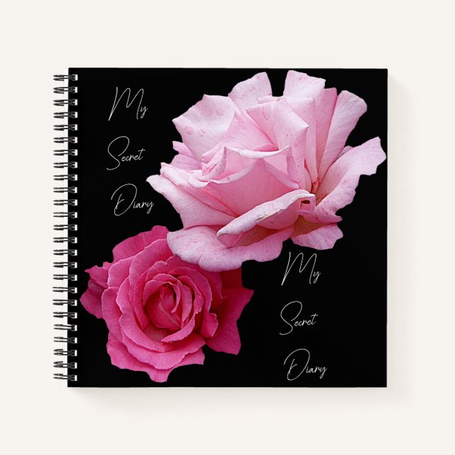 Stylish pretty pink rose flowers black trendy boho notebook (Front)
