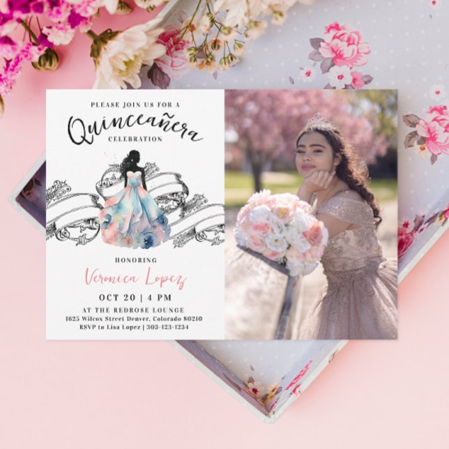 Stylish Princess 15th Quinceañera Watercolor Photo Invitation (Creator Uploaded)
