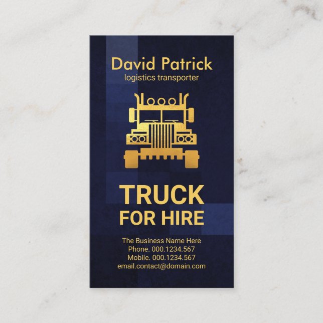 Stylish Professional Blue Checks Gold Truck Business Card (Front)