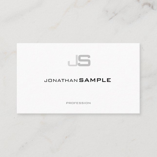 Stylish Professional Monogrammed Chic White Plain Business Card (Front)