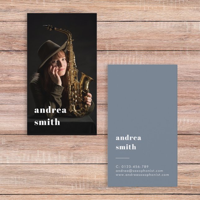 Stylish Professional Musician Photo Minimal Blue Business Card (Creator Uploaded)