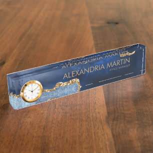 Stylish Professional Navy Blue Gold Glitter Office Nameplate