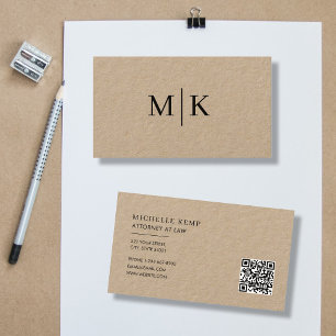 Stylish Professional QR Code Monogram Kraft Business Card