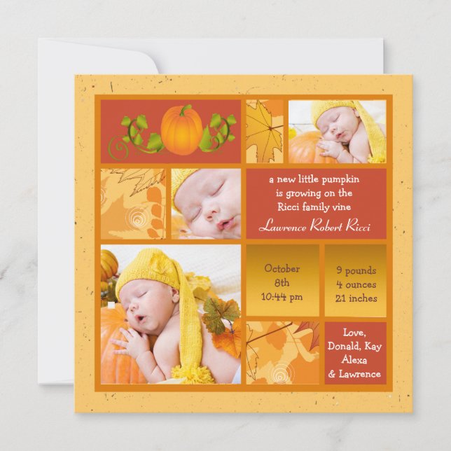 Stylish Pumpkin Photo Square Birth Announcement (Front)