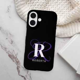 Stylish Purple and Black Script Monogram iPhone 16 Case