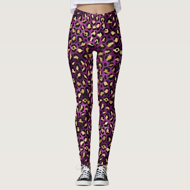 Stylish Purple and Gold Foil Leopard Spots Pattern Leggings (Front)
