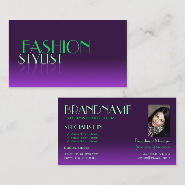 Stylish Purple and Green Mirror Font with Photo Business Card (Front/Back)
