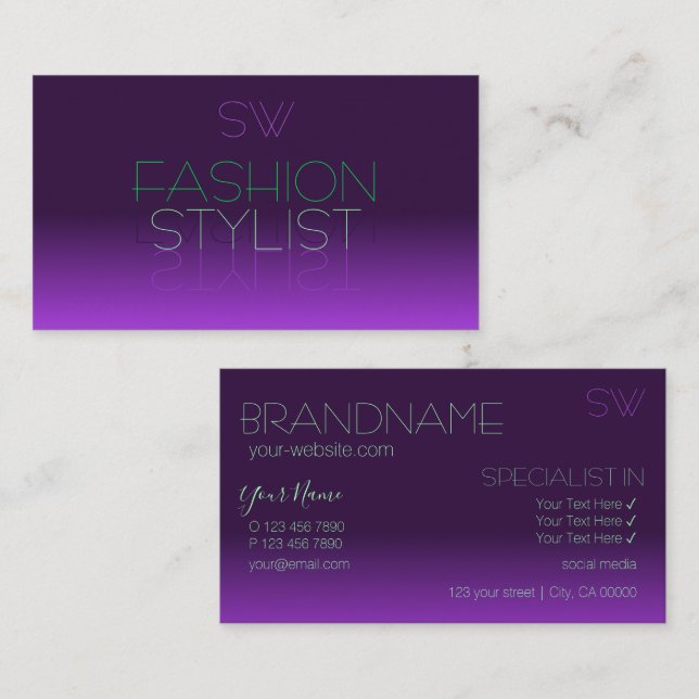 Stylish Purple and Green Mirror Letters Monogram Business Card (Front/Back)