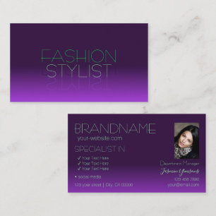 Stylish Purple and Green Mirror Letters with Photo Business Card