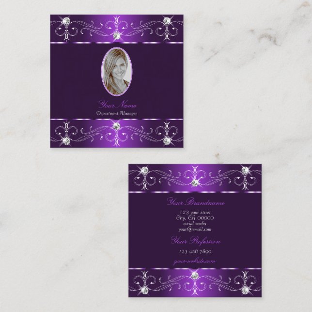Stylish Purple and Lilac Ornate Ornaments add Foto Square Business Card (Front/Back)