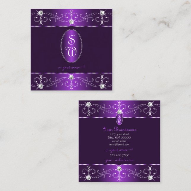 Stylish Purple and Lilac Ornate Ornaments Monogram Square Business Card (Front/Back)