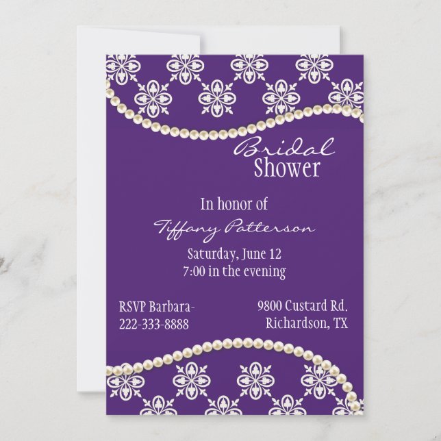 Stylish Purple and Pearls Bridal Shower Invitation (Front)
