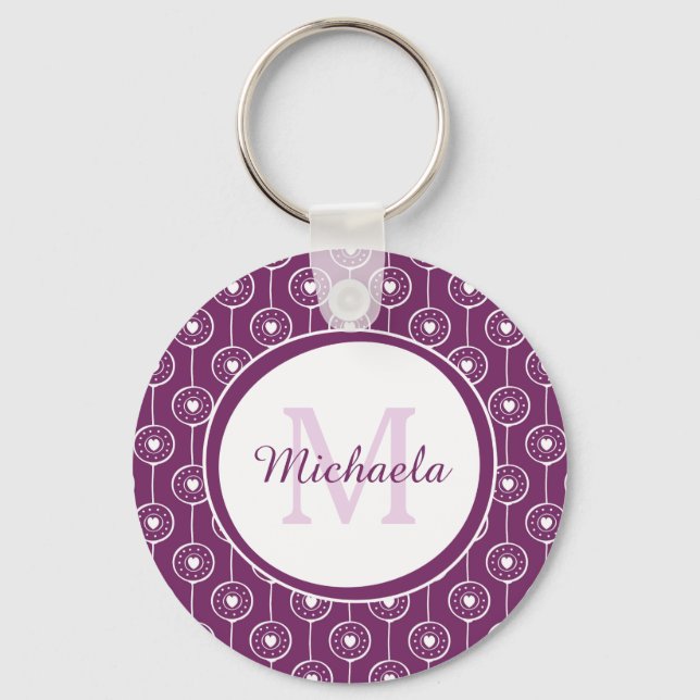 Stylish Purple and White Hearts Monogram and Name Key Ring (Front)