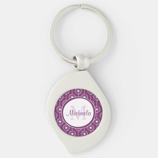 Stylish Purple and White Hearts Monogram With Name Key Ring (Front)