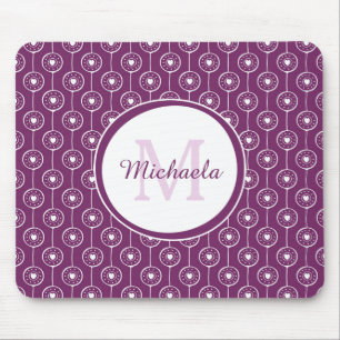 Stylish Purple and White Hearts Monogram With Name Mouse Mat