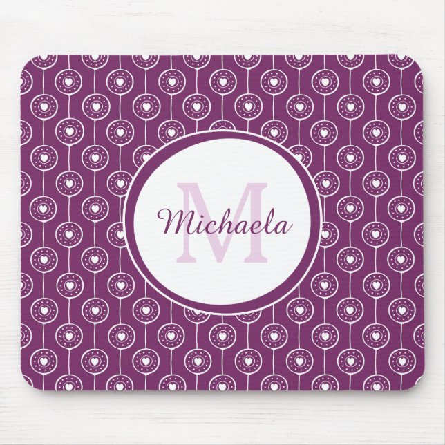 Stylish Purple and White Hearts Monogram With Name Mouse Mat (Front)
