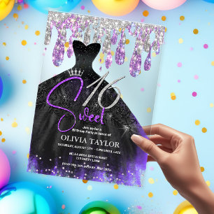 Stylish purple black dress sweet 16 monogram acrylic invitations