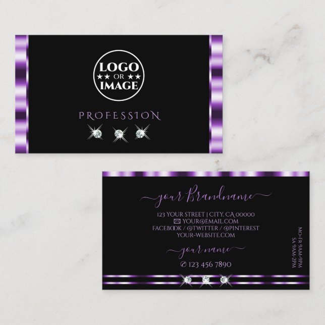 Stylish Purple Black Sparkling Diamonds with Logo Business Card (Front/Back)