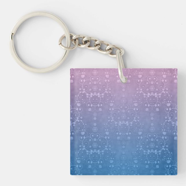 Stylish Purple Blue Floral Damask Pattern Key Ring (Front)