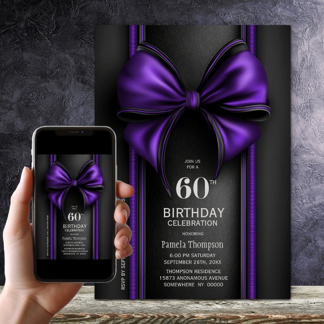 Stylish Purple Bow 60th Birthday Party Invitation (Creator Uploaded)