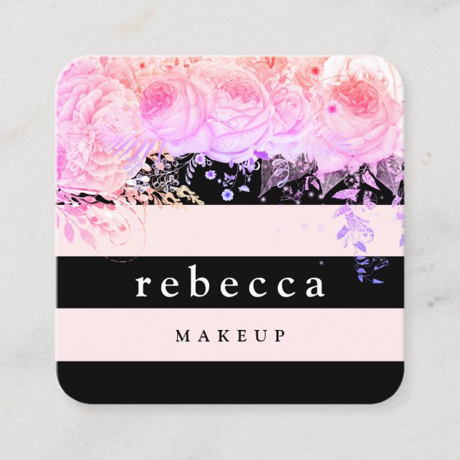 Stylish purple floral black pink stripes makeup square business card (Front)