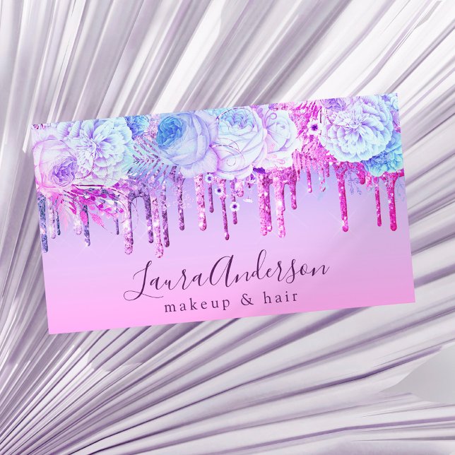 Stylish purple floral glitter drips makeup & hair  business card (Creator Uploaded)