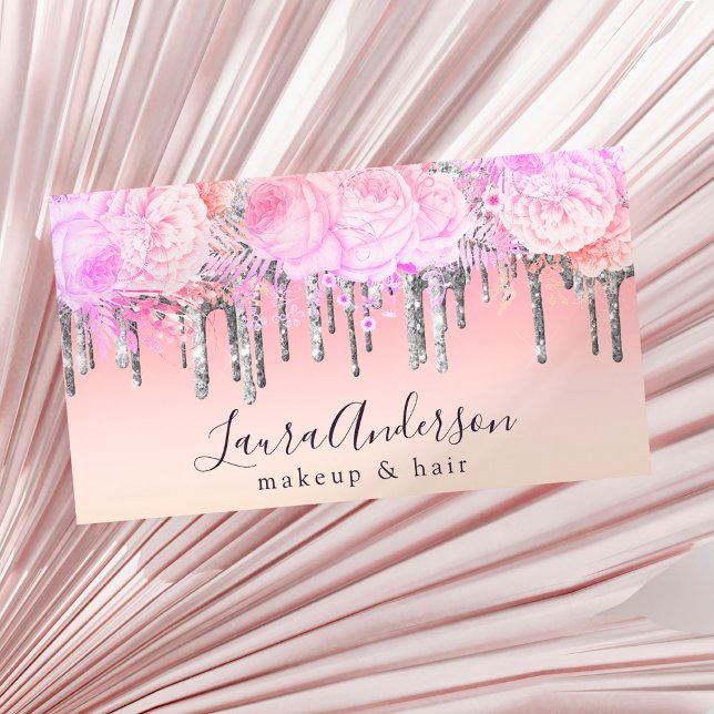 Stylish purple floral glitter drips makeup & hair  business card (Creator Uploaded)