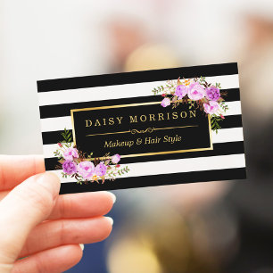 Stylish Purple Floral Gold Black White Stripes Business Card