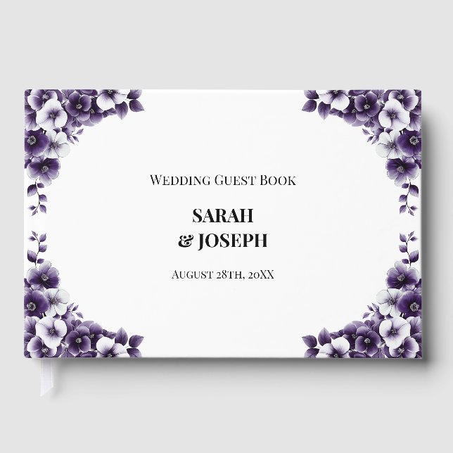 Stylish Purple Floral Wedding Guest Book (Front)