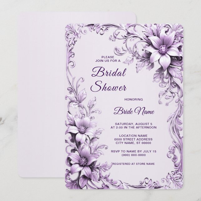 Stylish Purple Flowers Bridal Shower Invitation (Front/Back)