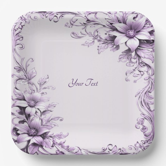 Stylish Purple Flowers Paper Plate (Front)