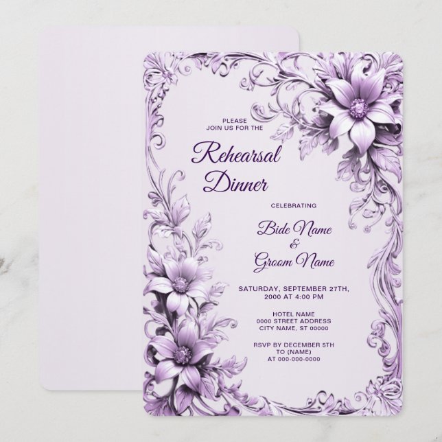 Stylish Purple Flowers Rehearsal Dinner Invitation (Front/Back)