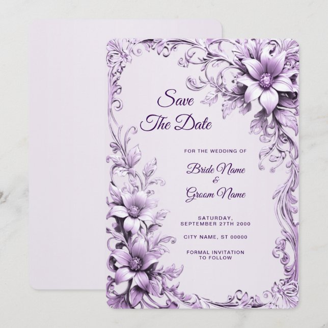 Stylish Purple Flowers Save The Date (Front/Back)