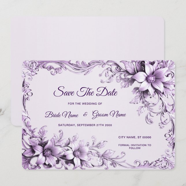 Stylish Purple Flowers Save The Date (Front/Back)