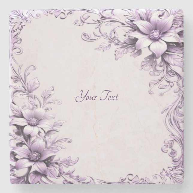 Stylish Purple Flowers Stone Coaster (Front)