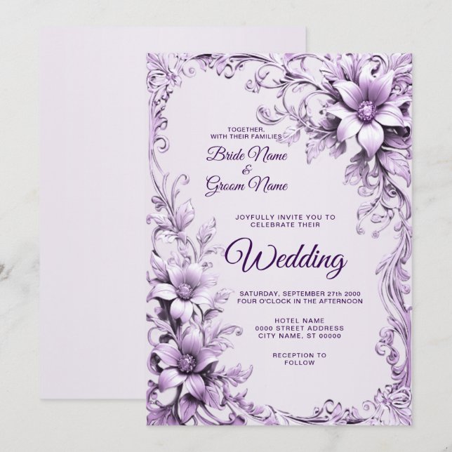 Stylish Purple Flowers Wedding Invitation (Front/Back)