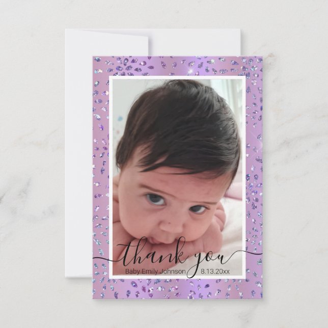 stylish purple frame newborn baby girl photo  thank you card (Front)