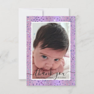 stylish purple frame newborn baby girl photo thank you card